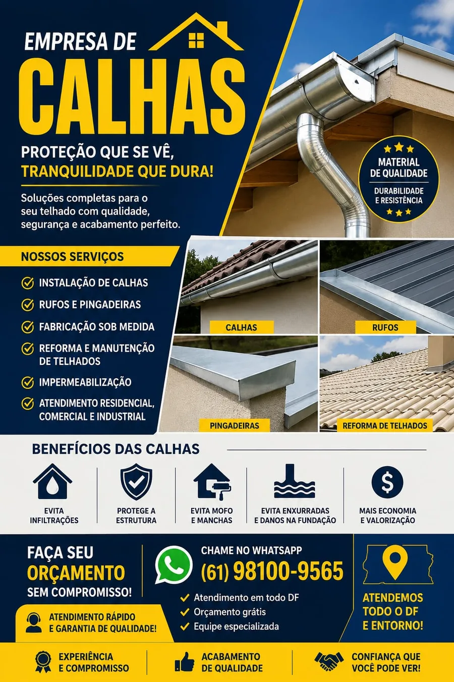 Instalação de calhas, rufos e pingadeiras